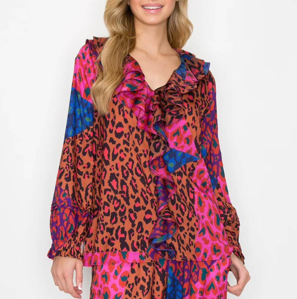 Joh Multicolor Leopard Print Ruffle Long Sleeve Top Size S Eclectic Maximalist